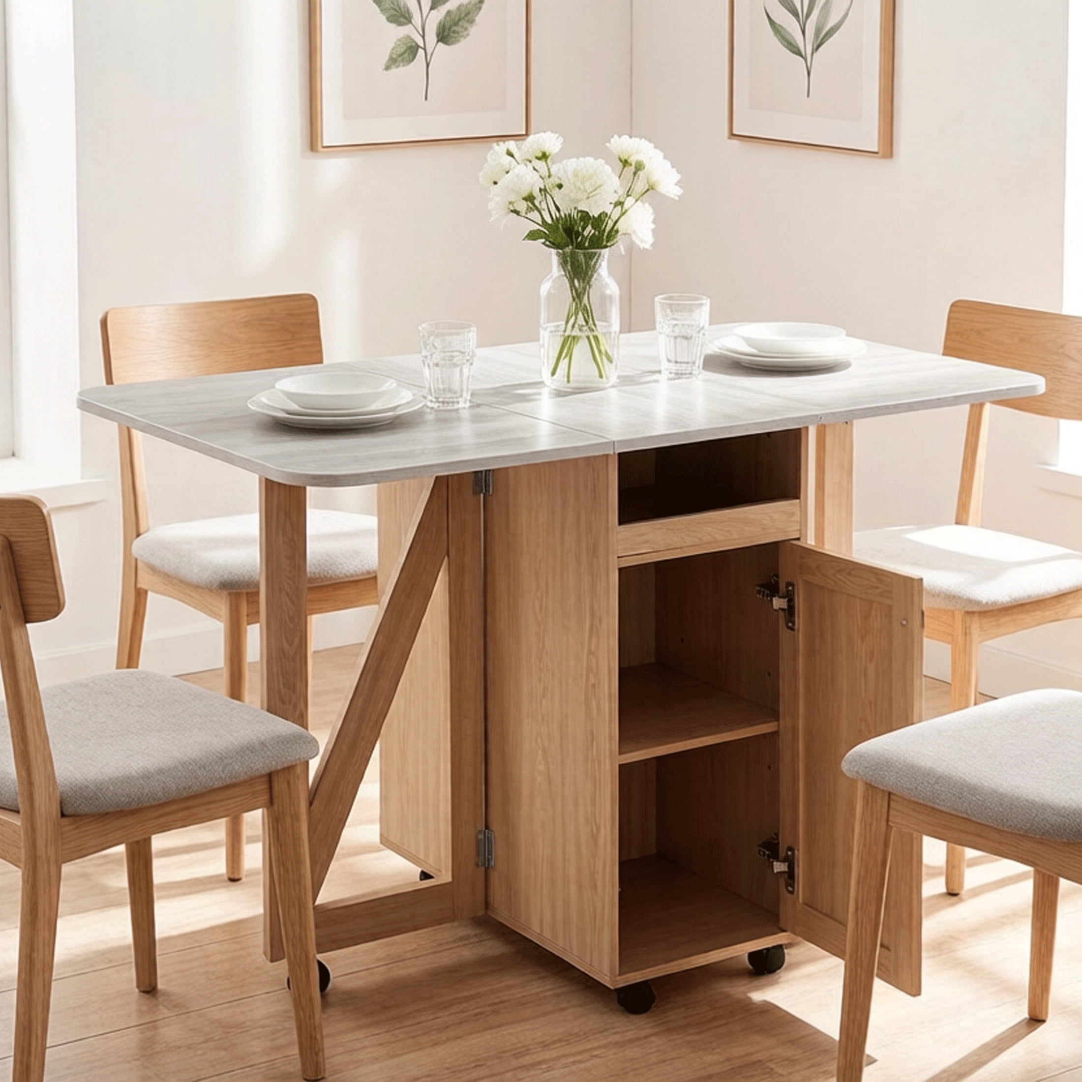 GDF Studio 50.8" Foldable Drop Leaf Dining Table with Rolling Storage Cabinet, Light Oak+Slate