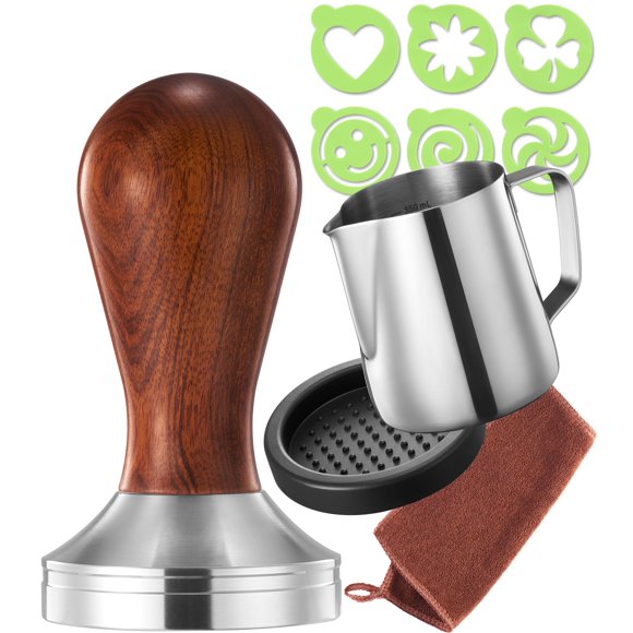 Practimondo Ensemble de Tasseur Espresso - Tasseur 58mm - Pichet à Mousser, Tasseur et Accessoires Espresso - Ensemble de Tasseur Espresso Premium (Poignée en Bois, 58mm)