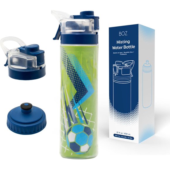 BOZ Champion Bouteille d'Eau Compressible à Thème Soccer 22 oz (650 ml) / Vaporisateur Brume Rafraîchissante, Conception Isolée Robuste, Étanche, Solution d'Hydratation Sportive Facile à Nettoyer pour Enfants et Ados Actifs