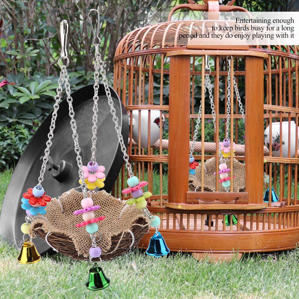LYUMO Rattan Nest Bird Hanging Nest Toy with Bells Bird Swing Standing