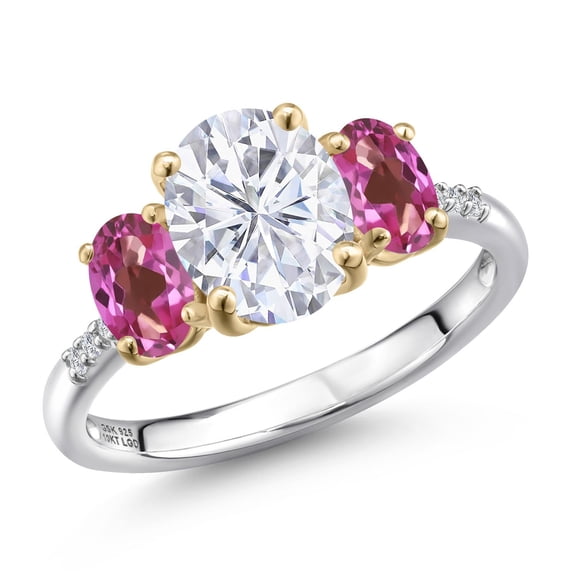 Gem Stone King 925 Silver and 10K Yellow Gold White Moissanite and Pink Mystic Topaz and Lab Grown Diamond Engagement Ring for Women | 3.16 Cttw | Oval 9X7MM | Birthstone | Size 8