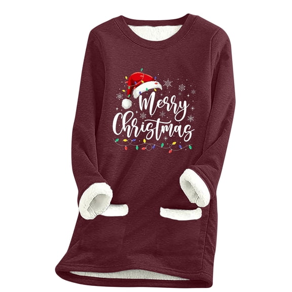 Womens Christmas Fleece Lined Sweatshirts Long Sleeve Winter Warm Pullover Xmas Holiday Fuzzy Thermal Tops, XXL Wine