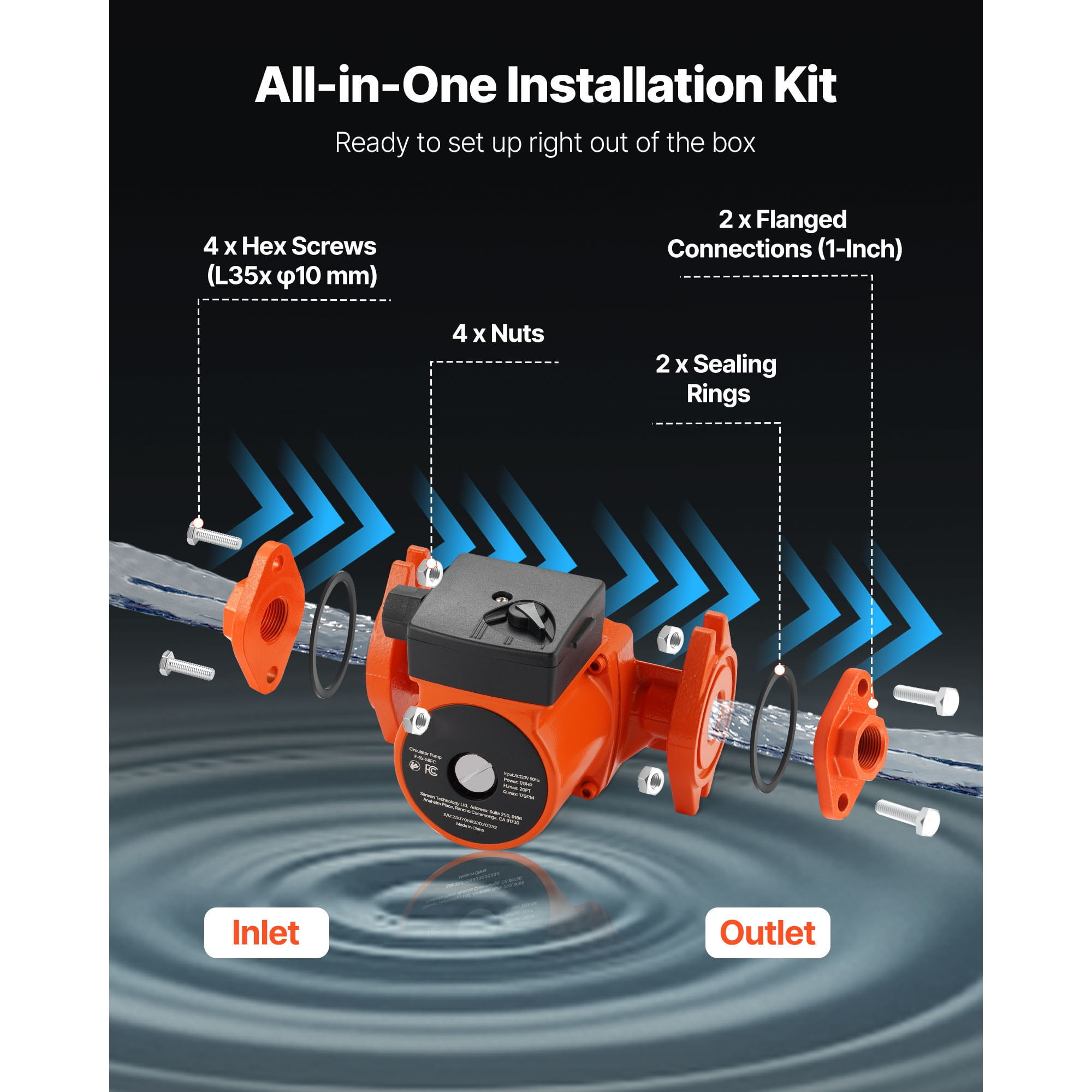 KFFKFF Cast Iron Circulator Pump, 17 GPM, AC 120V, 20 ft Hot Water Recirculation Pump, 1-Inch Flange Connection, 3-Speed Settings, Low-Noise Design, Ideal for Residential Water Heating Systems
