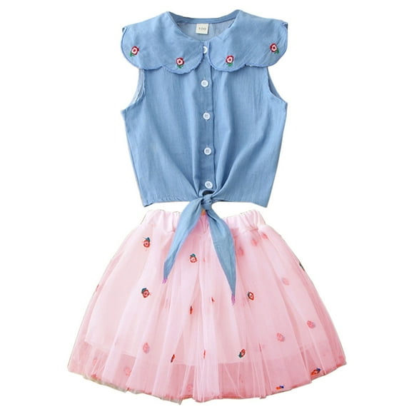 MIASHUI Korean Style Girls Denim Embroidered Top and Mesh Skirt Two Piece Set Summer Fashion Outfit Pink,3-4 Years