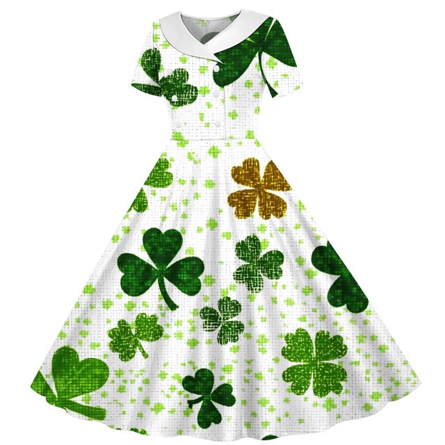 MKOSPLRT Robes des Années 1950 pour Fille Manches Courtes Robes de Cocktail Vintage Imprimé Trèfle Robe Midi Jour de la Saint-Patrick