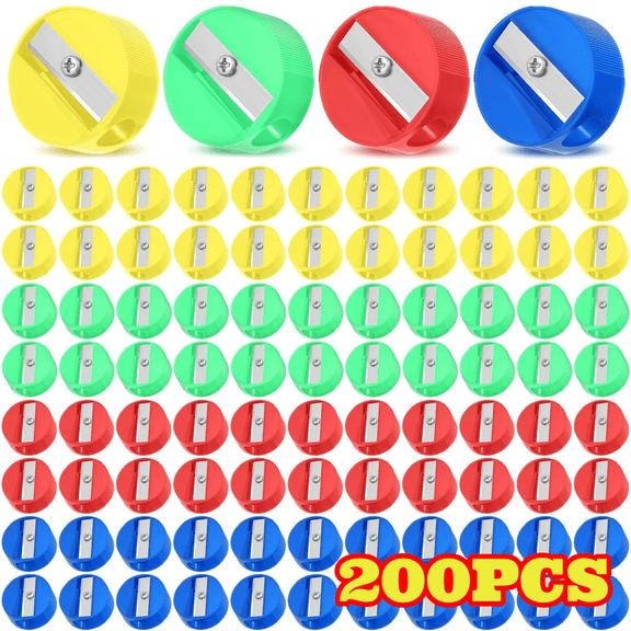 200pcs Handheld Pencil Sharpeners Bulk, Mini Plastic Round Pencil Sharpener, for Office Supplies Party Favors, 4 Colors