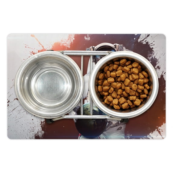 Outer Space Pet Mat for Food and Water, Kitty Cosmonaut on Earth World in Front of Color Splash Surreal Design, Non-Slip Rubber Mat for Dogs and Cats, 18" X 12", by Ambesonne