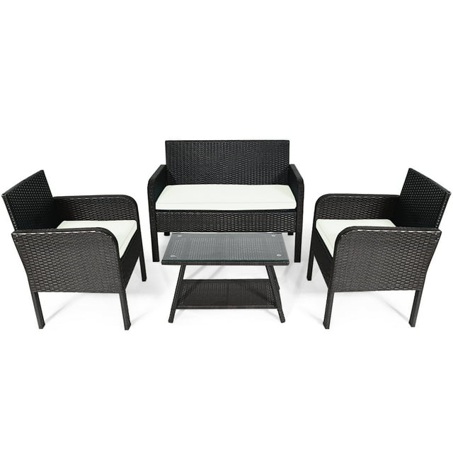 Topbuy 4 Pièces Patio Canapé en Rotin Ensemble de Conversation avec Table en Verre Trempé Blanc
