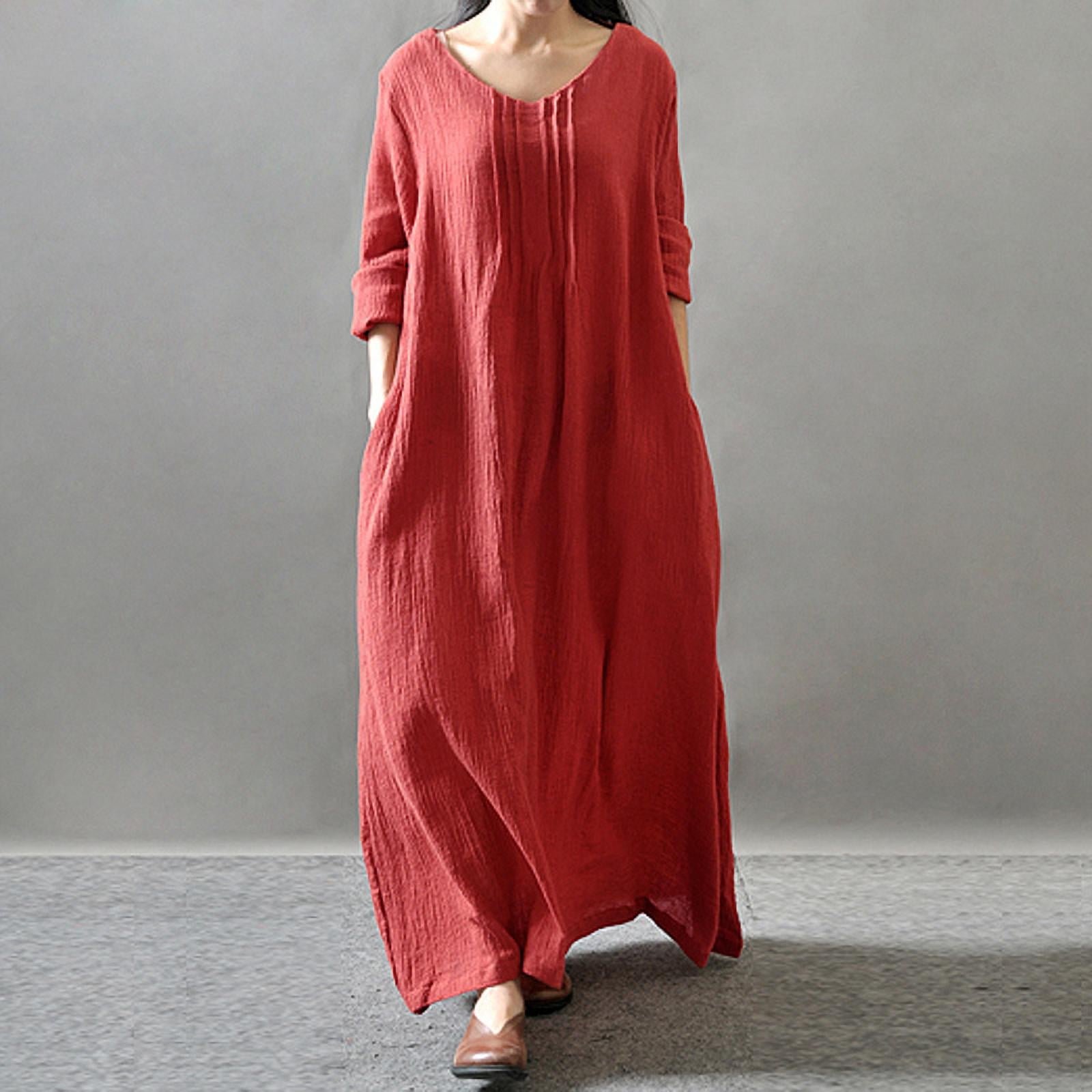 Women Retro Cotton Linen Loose Maxi Dress Long Flax Dresses Casual Art Dress New 