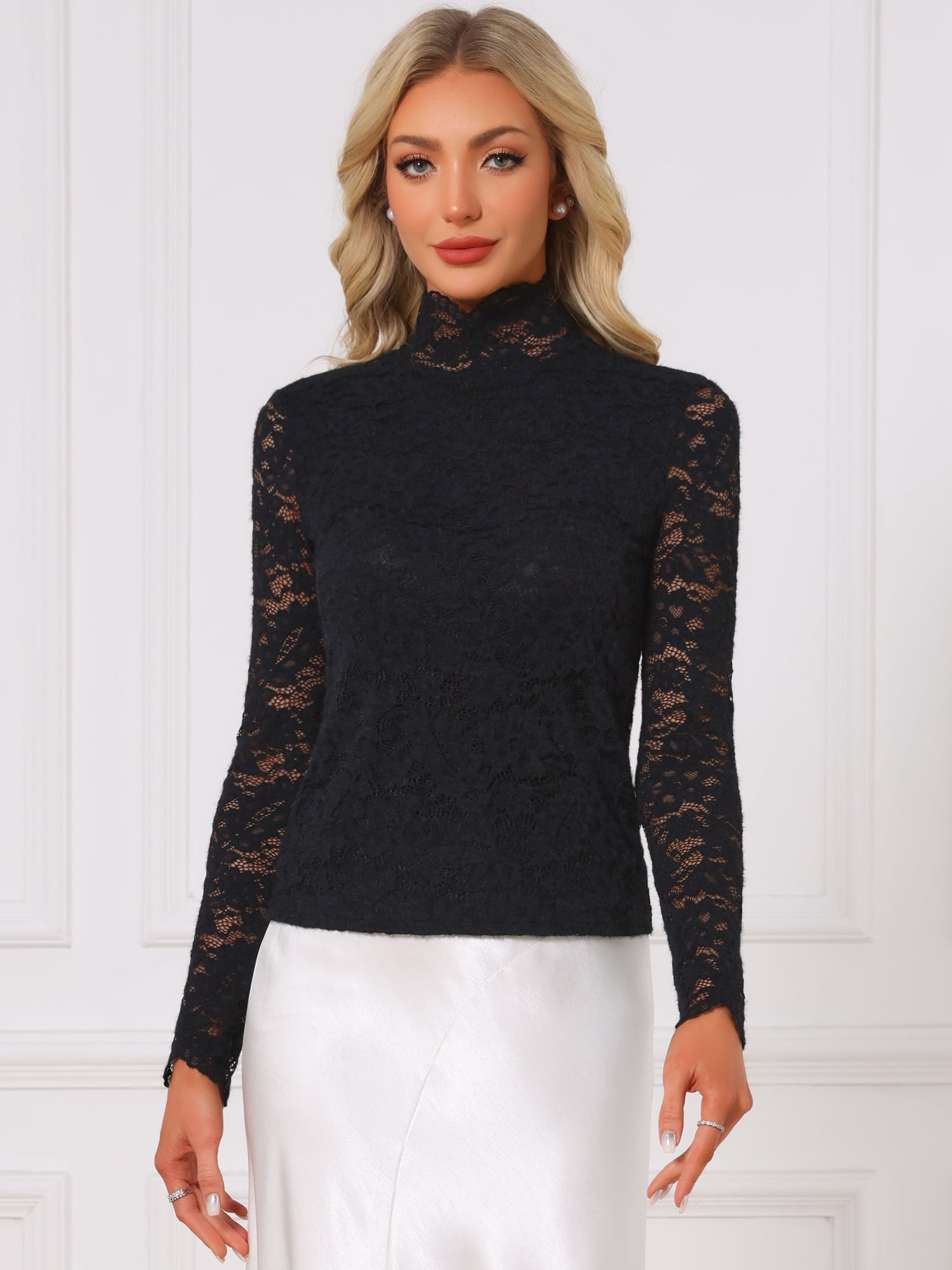 DARING DIVA Women's Basic Lace Long Sleeve Ruffle Neck Floral Blouse M Black