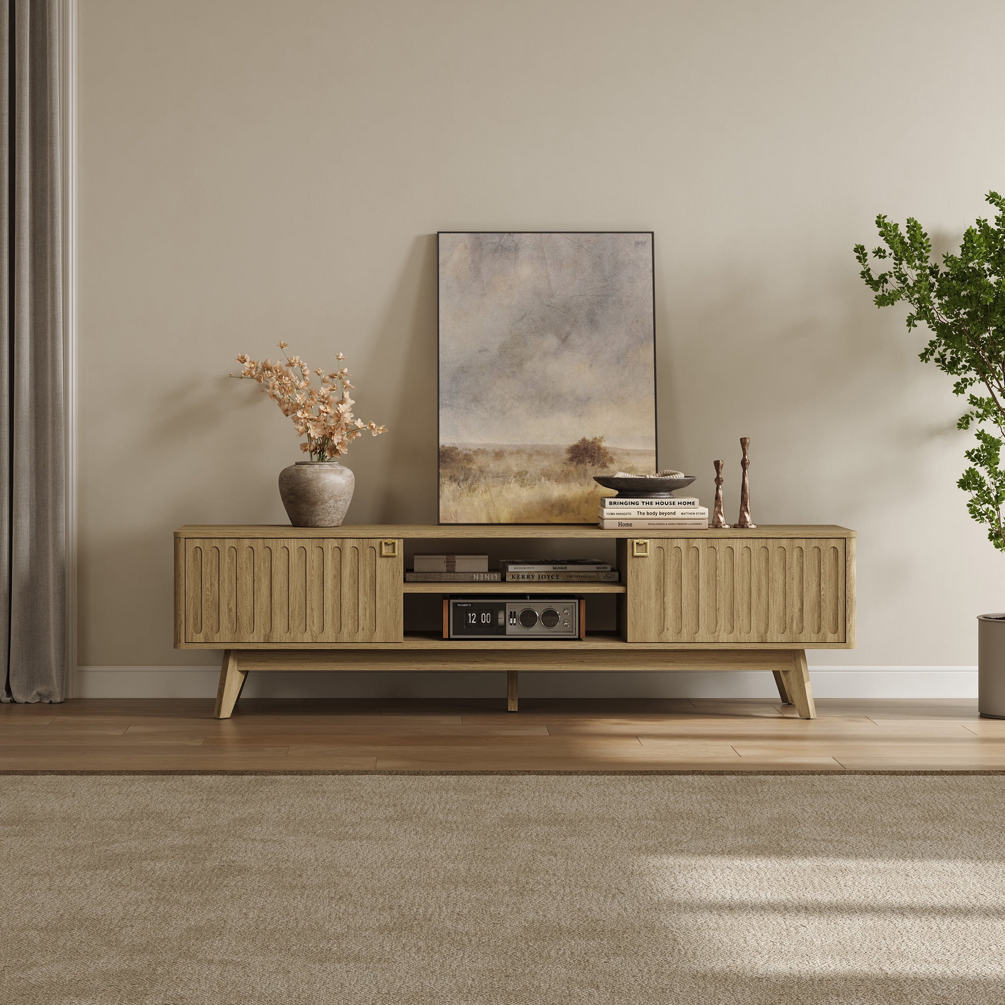 SICOTAS 70.1 inch Long Modern TV Stand Set of 2, Minimalist Console Table with 2 Fluted Doors, 3-Tier Storage Shelves, Long Entertainment Center for Living Room, Brown Oak