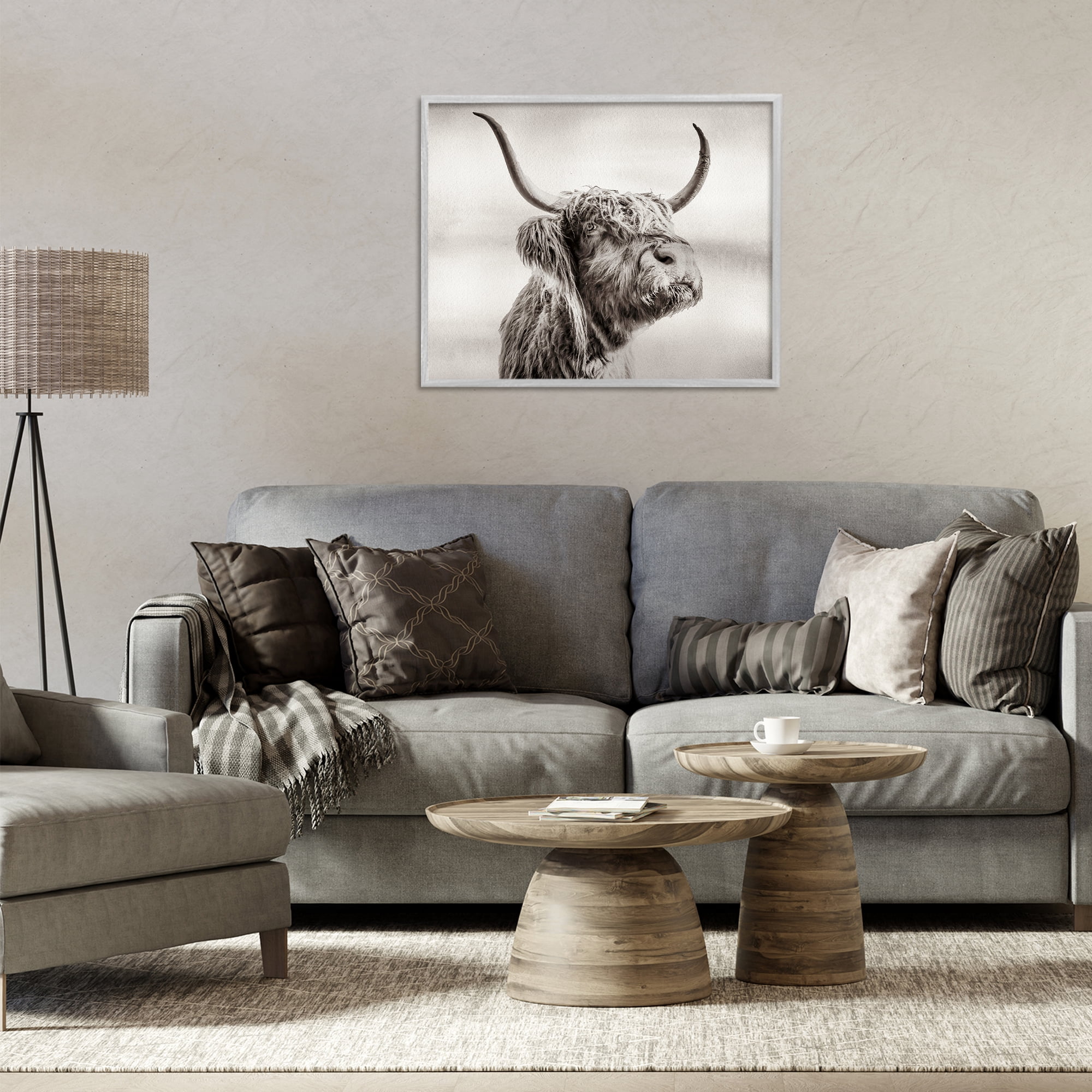 Stupell Industries Horned Highland Cow Gazing Gray Framed Giclee Art, design by Julia Frost