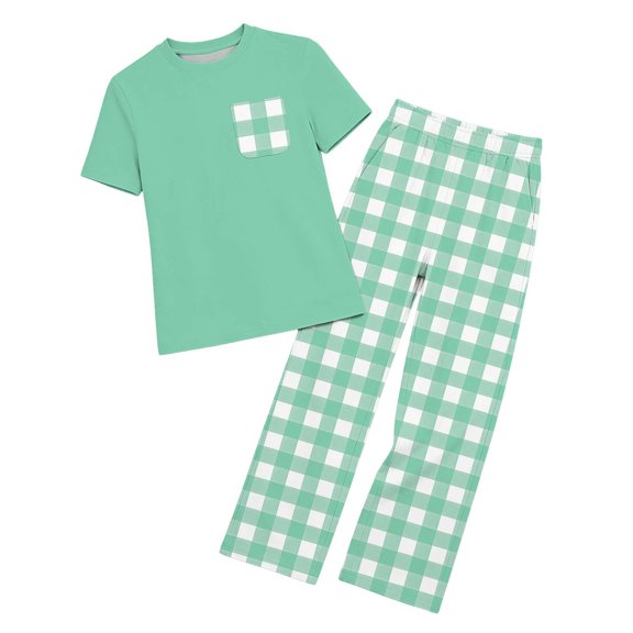 IFNWSV Summer Outfits for Girls 2 Piece Short Sleeve Checkered Loose Top and Elastic Waist Pants With Pockets Set Mint Green 3-4 Years