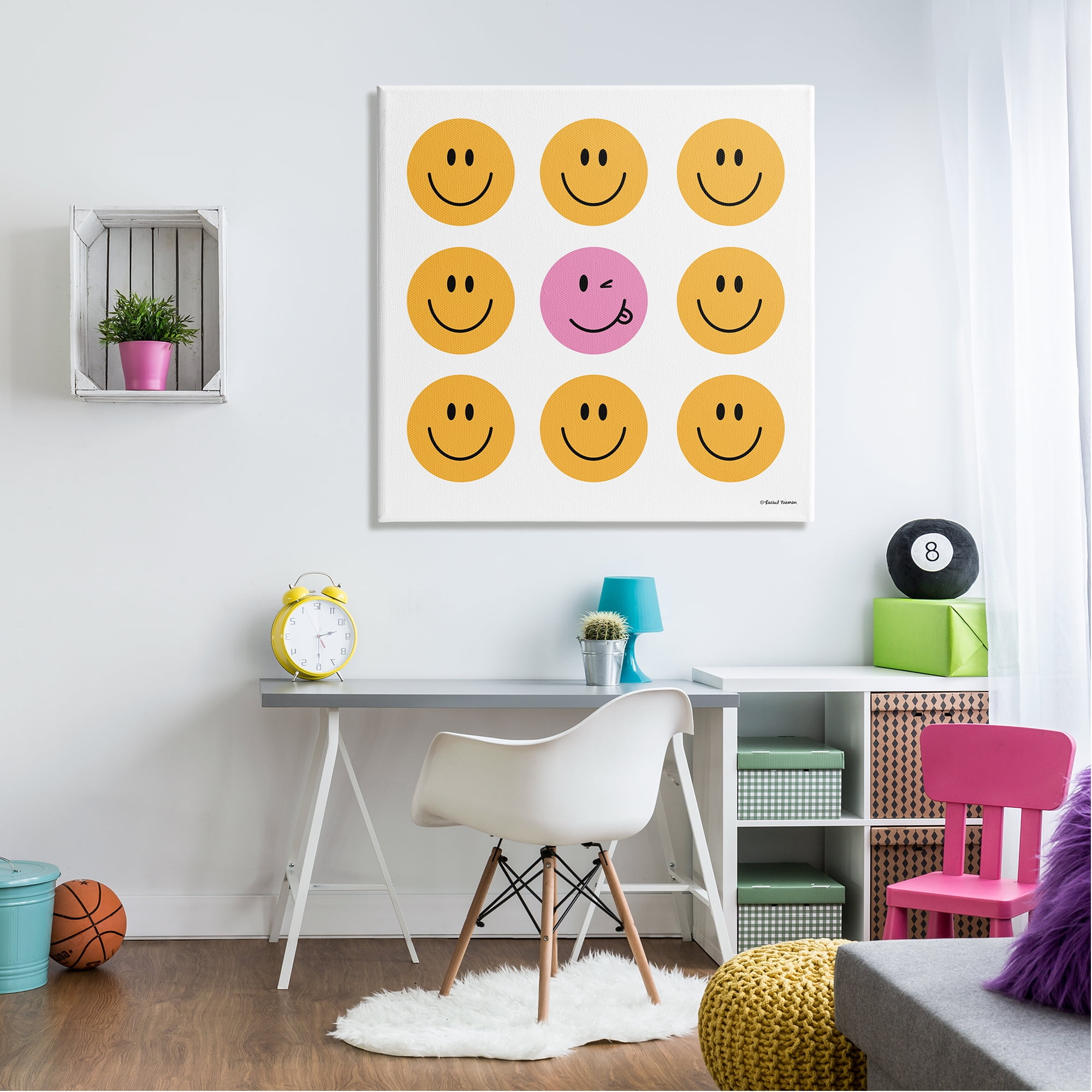 Stupell Industries Pink & Yellow Smiley Faces Art for Kids Painting Gallery Wrapped Canvas Art Print Wall Art, 36 x 36