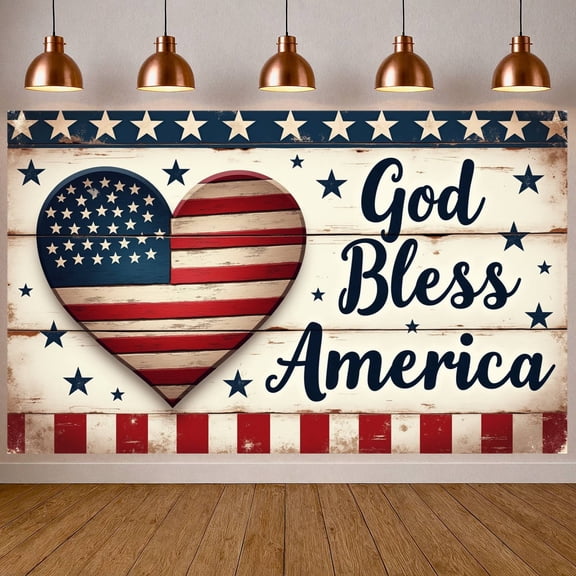 Vintage Wooden God Bless America Banner Red Blue Patriotic Backdrop Star Elements Distressed Finish for 4th of July Party USA National Day Celebration Family Gathering