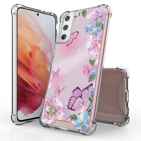 ANJ  Hybrid Slim Hard Back Cover Case Flexible Bumper for Samsung Galaxy S21 Plus - Pink Flower Butterflies