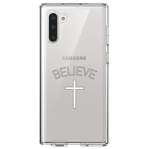 DistinctInk Clear Shockproof Hybrid Case for Samsung Galaxy Note 10 (6.3" Screen) - TPU Bumper Acrylic Back Tempered Glass Screen Protector - BELIEVE - Cross, Jesus