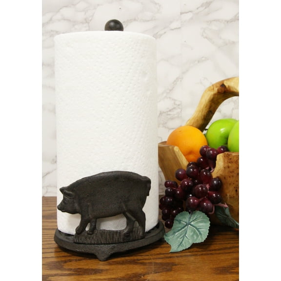 Ebros 13.5"Tall Cast Iron Rustic Farm Pig With Scroll Art Paper Towel Holder