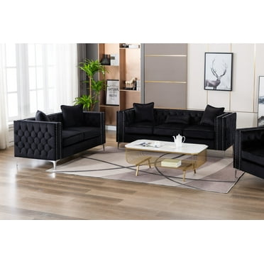 Lilola Home Lorreto Black Velvet Fabric Sofa Loveseat Living Room Set