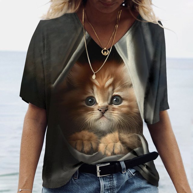 Camiseta de manga corta con estampado de gato para mujer, ropa Harajuku para mujer, Tops con cuello en V de gran tamaño, ropa de animales para mujer