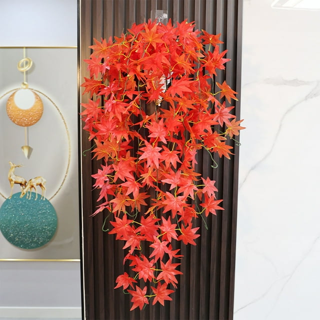 Birdeem Thanksgiving Decorations for Home, Thanksgiving Maple Leaf Tree Hanging Simulation Decoration Green Plant Wall Hanging Simulation 5 Pronged Maple Leaf Wall Hanging Rattan