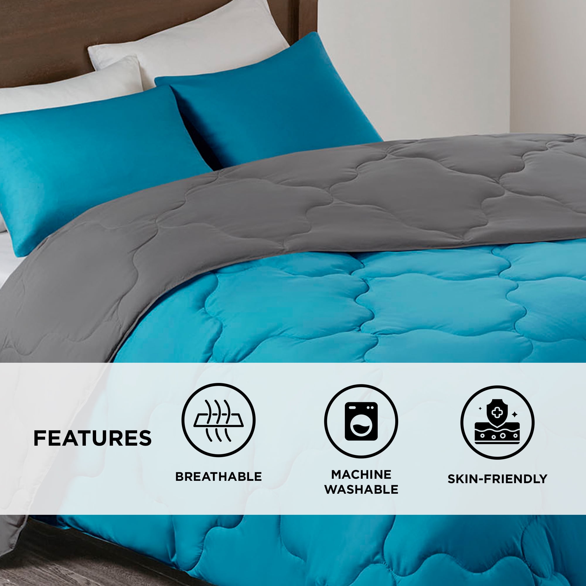 Comfort Spaces Full/Queen Size Comforter Sets, 3-Piece Reversible Bedding Set, Comforter Bed Set, Teal/Dark Gray