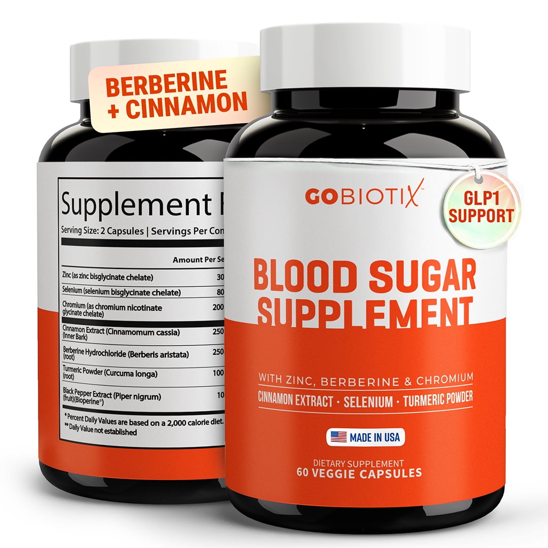 GoBiotix Blood Sugar Complex with Berberine, Cinnamon, Zinc, Selenium, Turmeric & Chromium, Dietary Supplement, 60 Pills, Metabolism Booster