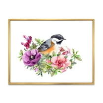 Designart 'Cute Bird In Purple and Pink Flowers' Traditional Framed Canvas Wall Art Print