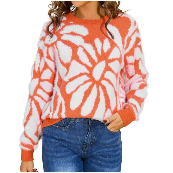 Womens Sweaters Cute Flower Printed Knitted Sweater Casual Round Neck Loose Blouses Trendy Sweater Fall Winter Warm Long Sleeved Pullover Top Clothings