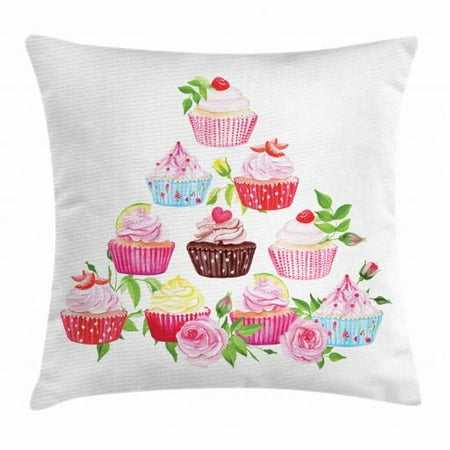 Pyramid Pillow Dessert Throw Pillow Cushion Cover, Pyramid of Cupcakes with Polka Dot Liners and Bloomed Pink Roses Fresh Pastries, Decorative Square Accent Pillow Case, 24 X 24 Inches, Multicolor, by Ambesonne ()