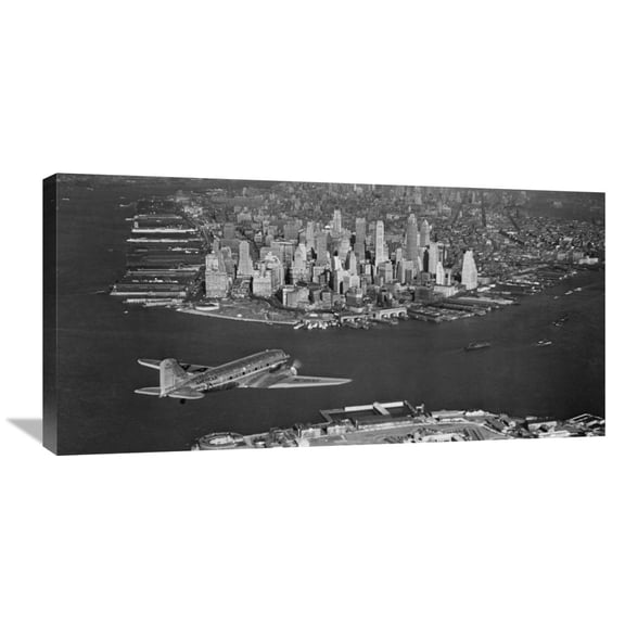 Global Gallery Unknown,'Airplane flying towards Manhattan' Stretched Canvas Artwork