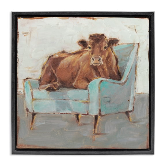 Stupell Industries Bull on Blue Couch Animals & Insects Painting Black Floater Framed Canvas Art Print Wall Art, 18 x 18