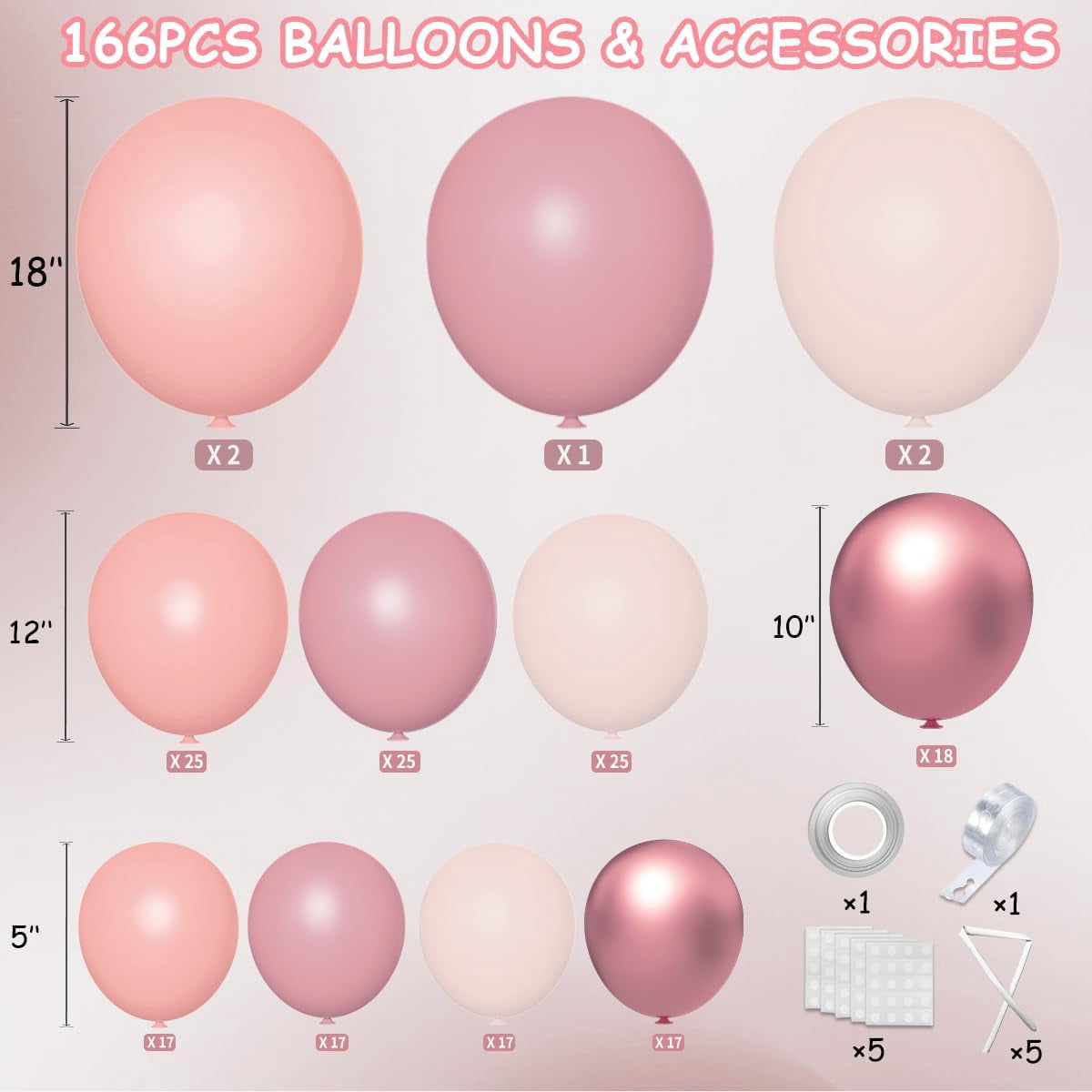 Burculy Dusty Pink Balloon Arch Kit, 166Pcs Pastel Nude Light Pink Metallic Balloons Garland for Wedding Bridal Baby Shower Princess Girl Women Birthday Party Decorations Visit the MEBAY Store
