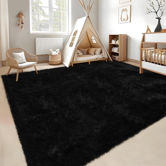 9x12 Black Fluffy Shag Area Rug Thick Soft Indoor Carpet for Living Room, Bedroom, Nursery, Kids Room, Dorm