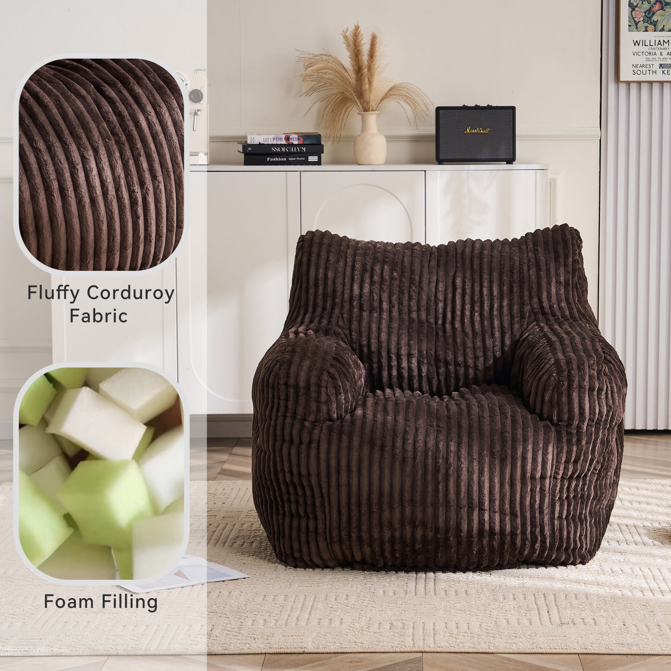 ShiKeyi Bean Bag Chair, Comfy Memory Foam Lazy Sofa for Adults and Teens, Premium Cozy Floor Chair Lounger for Living Room, Bedroom and Dorm, Corduroy-Brown