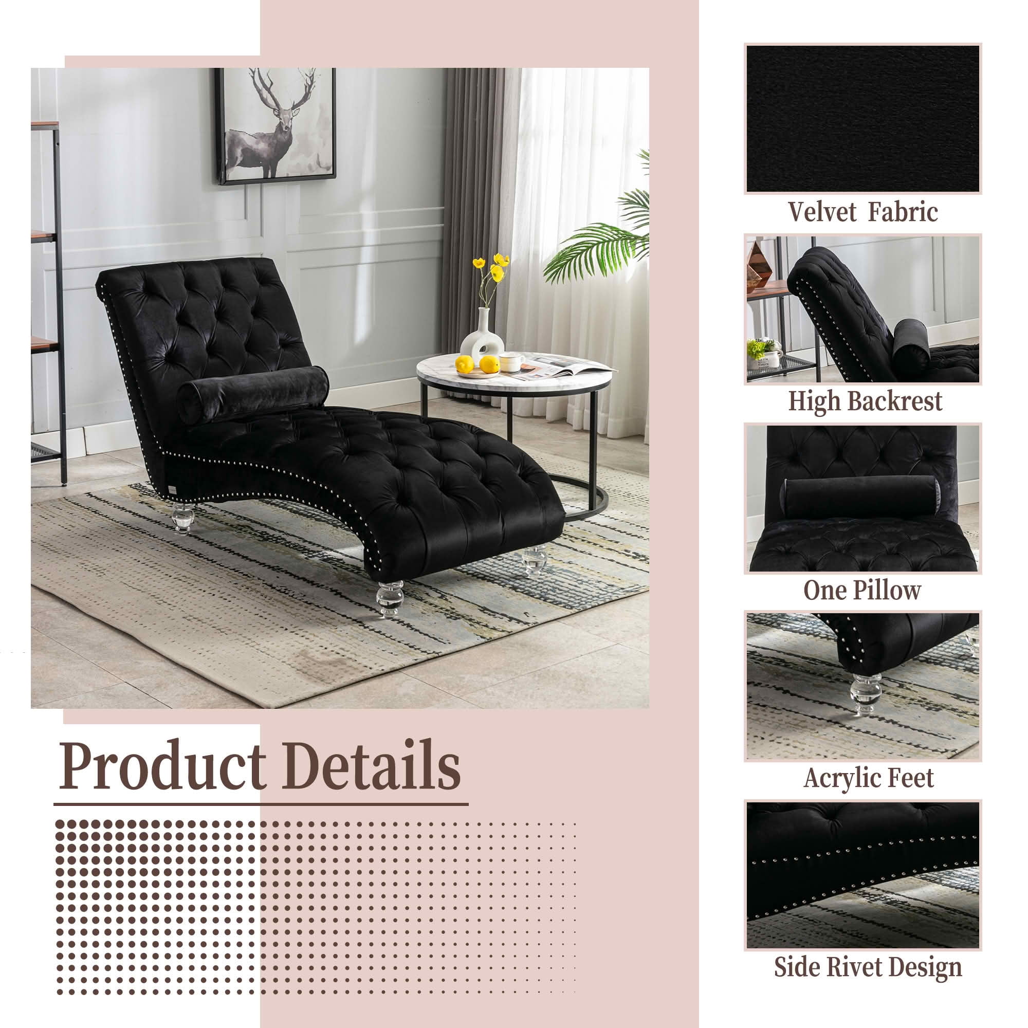MAYEERTY Velvet Button Tufted Chaise Lounge with Pillow, Ergonomic S-Shape Indoor Lounge Chair with Wood Frame Acrylic Legs for Bedroom Living Room Office