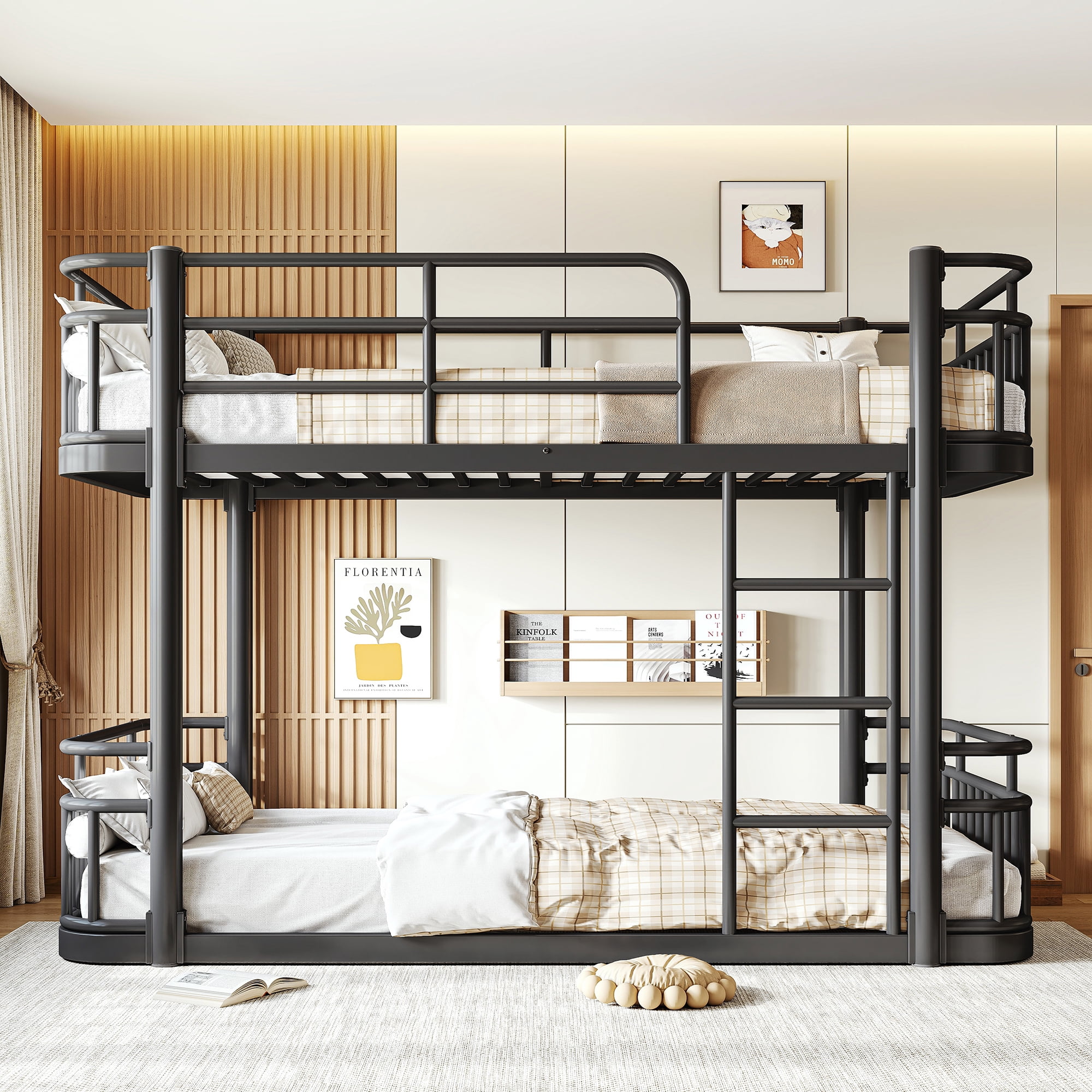 Twin Over Twin Bunk Bed 76.8 Inch, Metal Bed Frame with Ladder and Full Length Guardrails for Kids Teens Adults, Sturdy Round Pipe Construction, No Box Spring Needed, Black