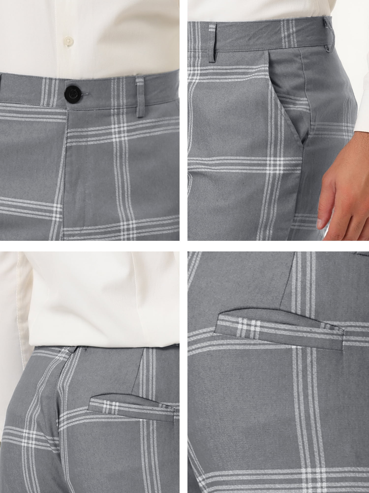 Unique Bargains Men's Business Plaid Pants Casual Slim Fit Flat Front Checked Trousers 32 Gray