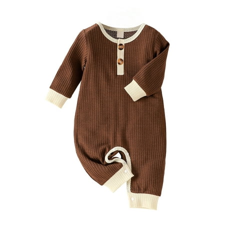 

Pudcoco Baby Jumpsuit Henley Neck Long Sleeves Knitted Rompers with Buttons