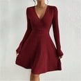 thumbnail image 2 of Stichou Womens Sweater Dress 2025 Fall Long Sleeve V Neck A Line Fit and Flare Ribbed Short Dresses Knit Outfits Wine XL, 2 of 5