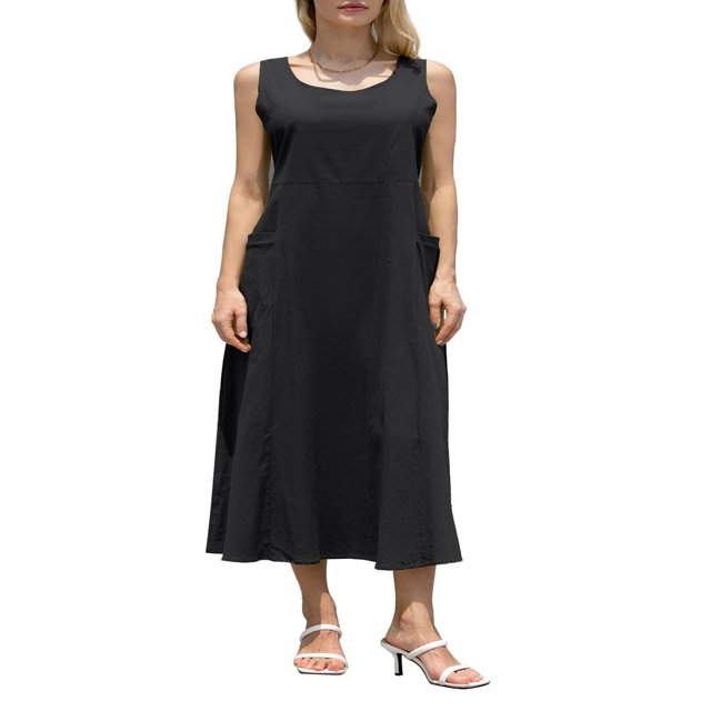 Tenue de Plage pour Femmes Robe Débardeur en Coton et Lin avec Poches Maxi Couleur Unie Bohemia Robe d'Été