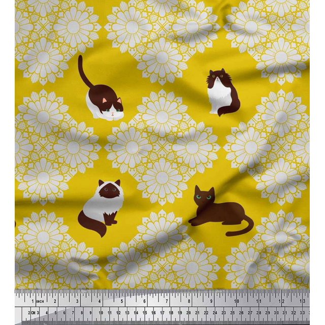 Soimoi Tissu Satin Modal Imprimé Floral & Chat au Mètre 42 Pouces de Large