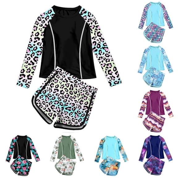 WERYOUNG Girls Swimsuit Sets Long Sleeve Leopard Rash Guard Shirts And Shorts 2 Piece Swimwear Water Activities Stylish Beachwear 3-4 Years