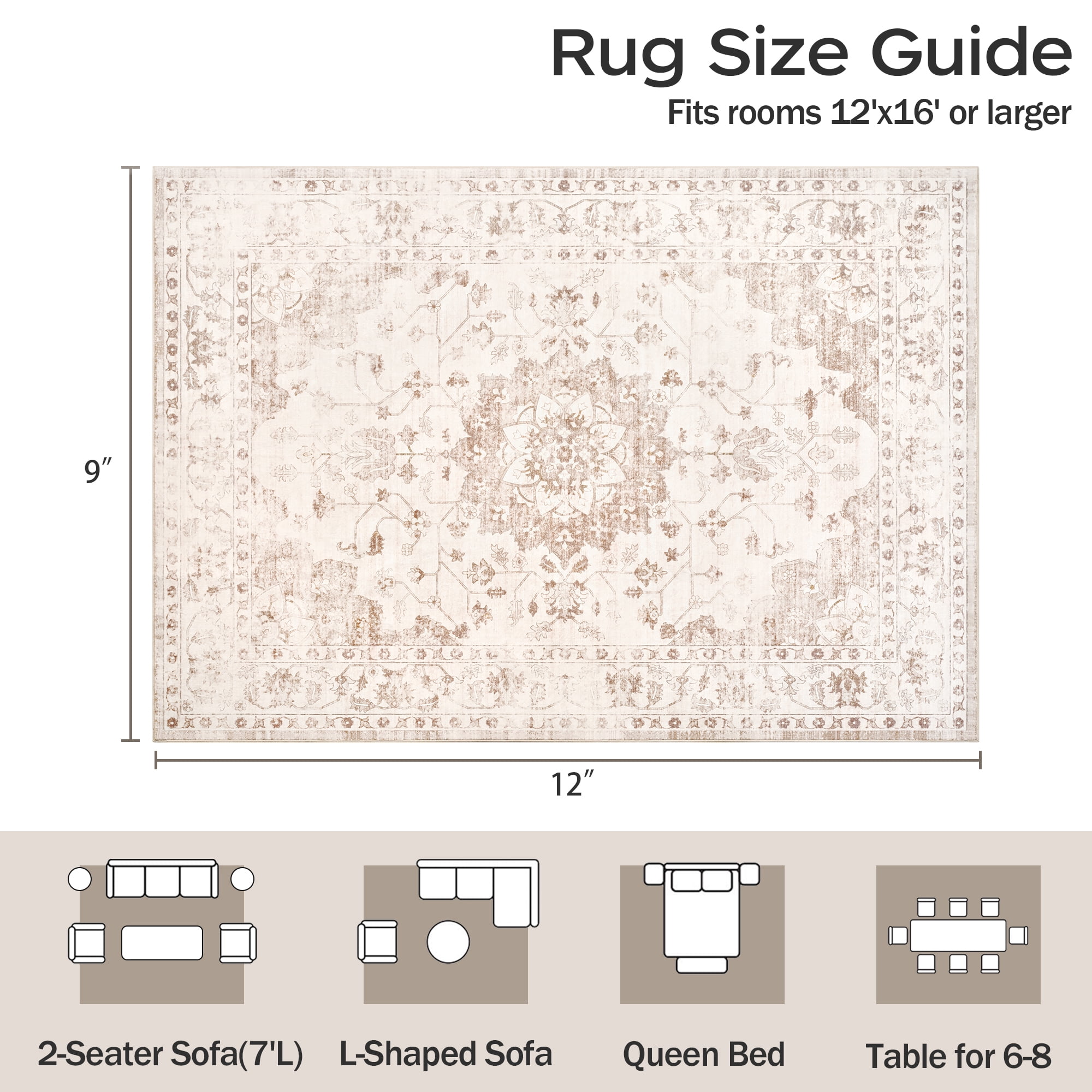TrumanPick 9x12 Washable Rug, Vintage Distressed Medallion Rugs with Non-Slip & Stain Resistant, Large Beige Area Rug for Living Room Bedroom Dining Room