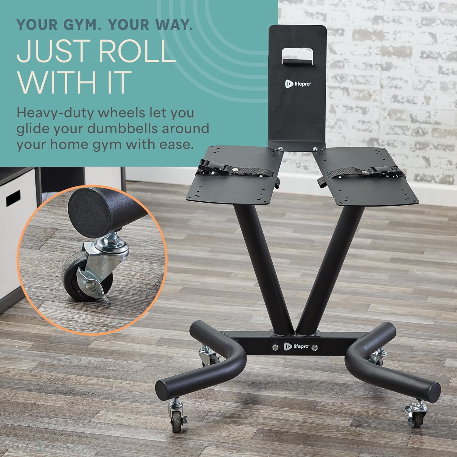 LifePro Adjustable Dumbbell Stand Rack – Compatible with PowerFlow Plus, PowerUp Plus & Other Brands, Ergonomic Base, Locking Casters, Home Gym Storage