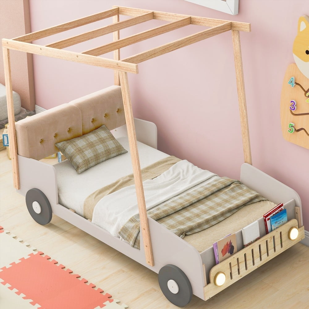 Wood Twin Size Car Bed with Pillow & LED - Sturdy & Fun