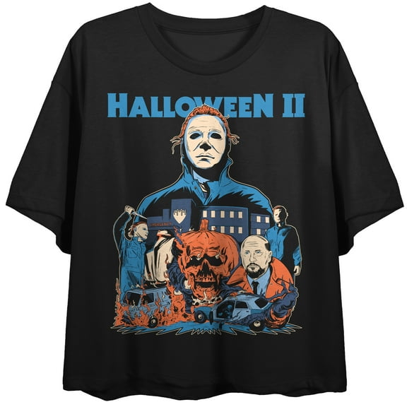 Halloween II Michael Myers, Samuel Loomis, Pumpkin skull, City and Cars Illustration style on Black Short Sleeve Adult Crop T-Shirt-XS