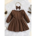 thumbnail image 3 of Bagilaanoe Toddler Baby Girl Fall Dress Ruffle Long Sleeves A-line Dresses Headband 6M 12M 18M 24M 3T 4T Kids Casual Solid Color Sundress, 3 of 9