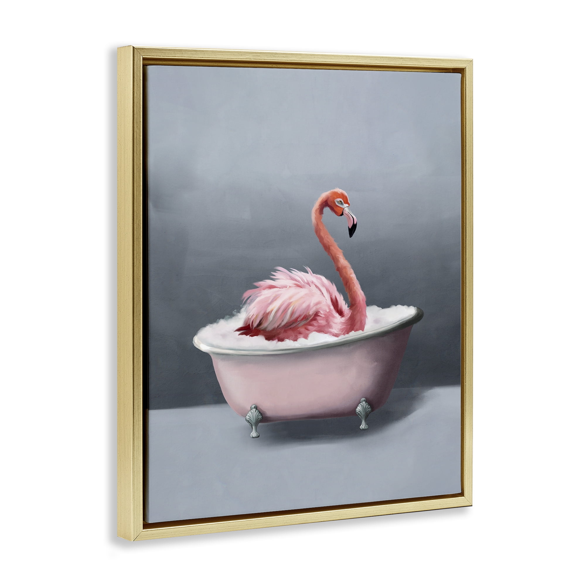 Stupell Industries Flamingo in Bathtub Bath & Laundry Painting Gold Floater Framed Canvas Art Print Wall Art, 17 x 21