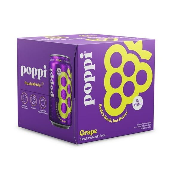 Poppi Grape Prebiotic Soda, 12 oz, 4 Pack Cans